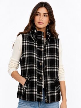 Anthropologie Hei Hei Plaid Puffer Vest Black White Snap Zip Utility Small